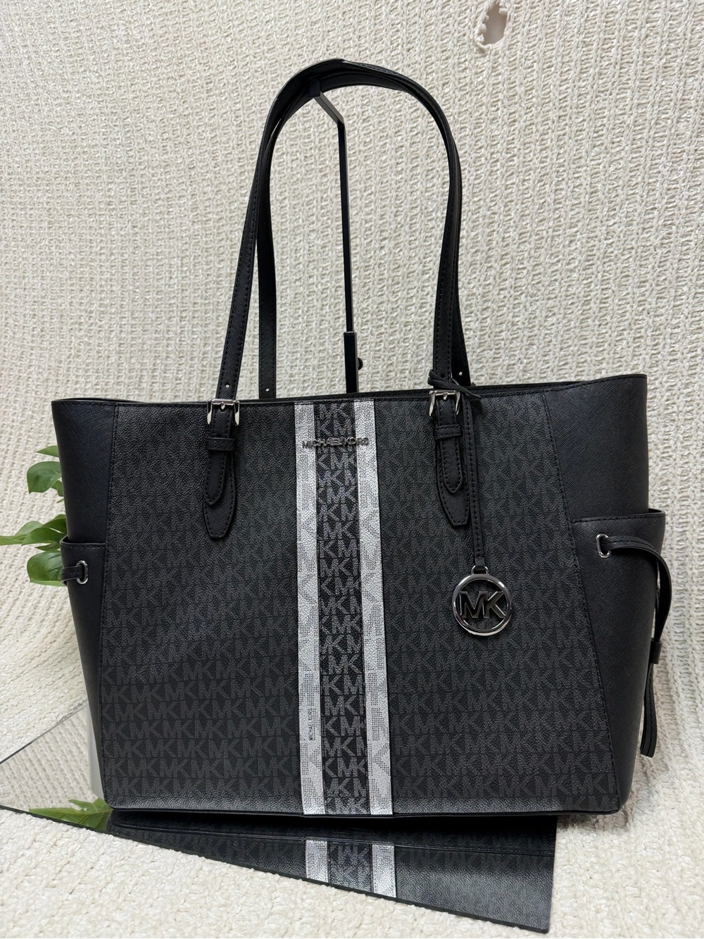Michael Kors Black and Silver Signature Stripe Tote